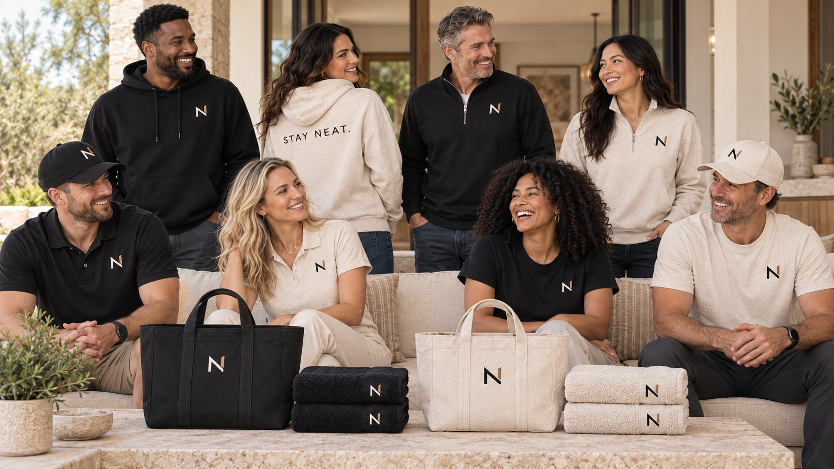 Neatility members wearing the Stay Neat collection together in a bright home