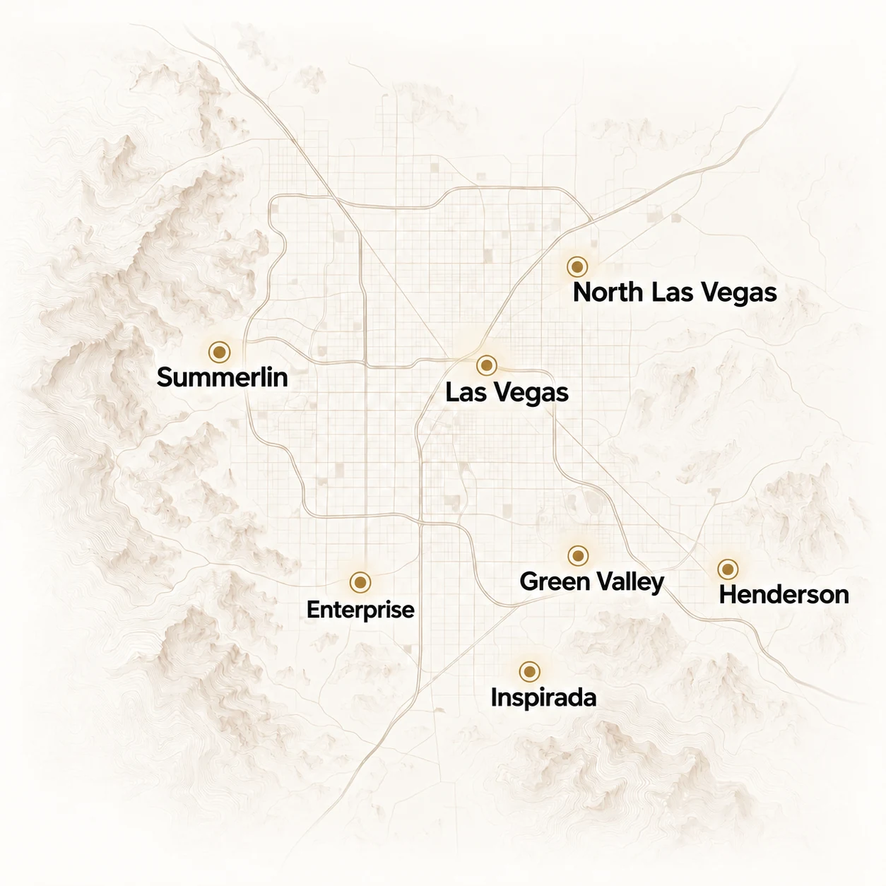 Map of the Las Vegas valley marking the neighborhoods Neatility serves, including Summerlin, Henderson, Green Valley, and Inspirada