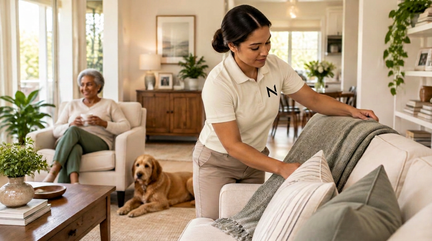 A Home Care Specialist resetting a bright living room while a homeowner and pet relax nearby